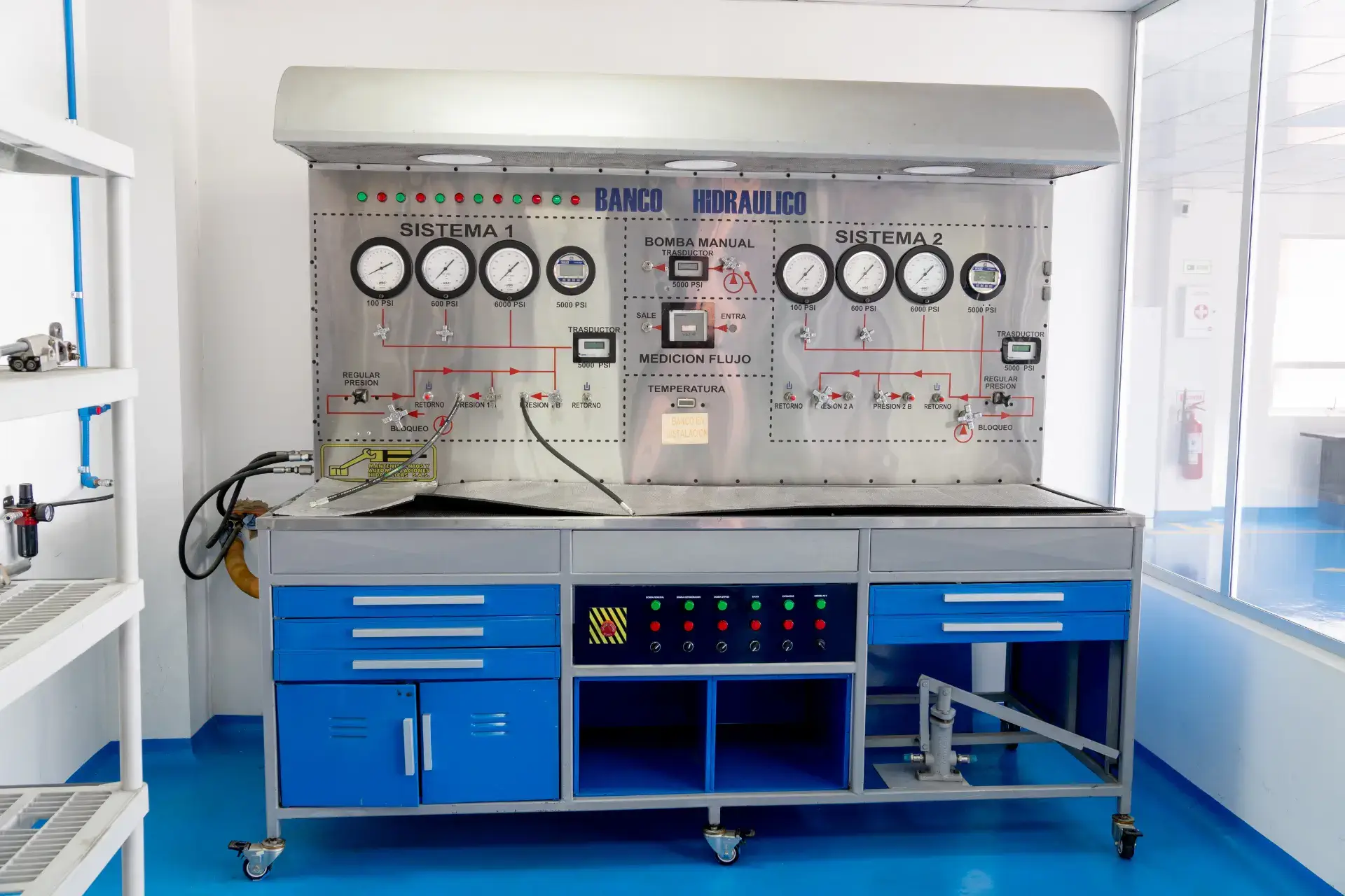 A hydraulic bench with meters and controls in an industrial training room.