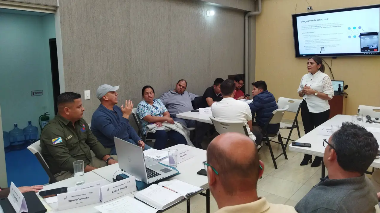 Attendees in a meeting room with laptops, listening to a presentation with a slide titled "Diagrama de Ishikawa".